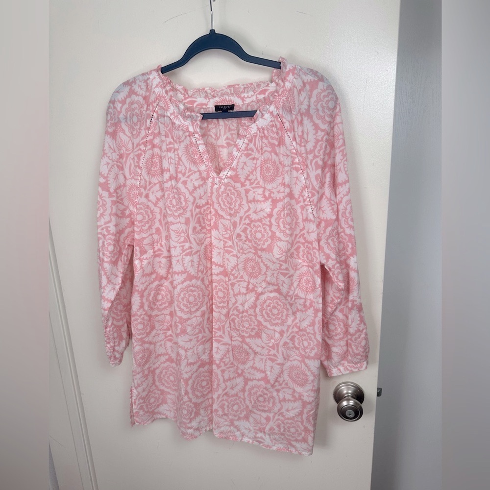 Talbots Plus Light Pink & White Artsy Floral 100% Cotton Semi-Sheer Top 2X NWOT